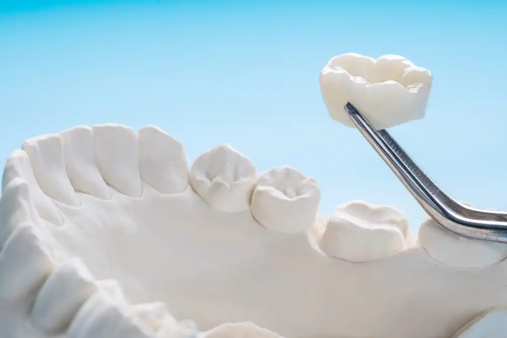 Dental Crowns Hands holding dental model and tool