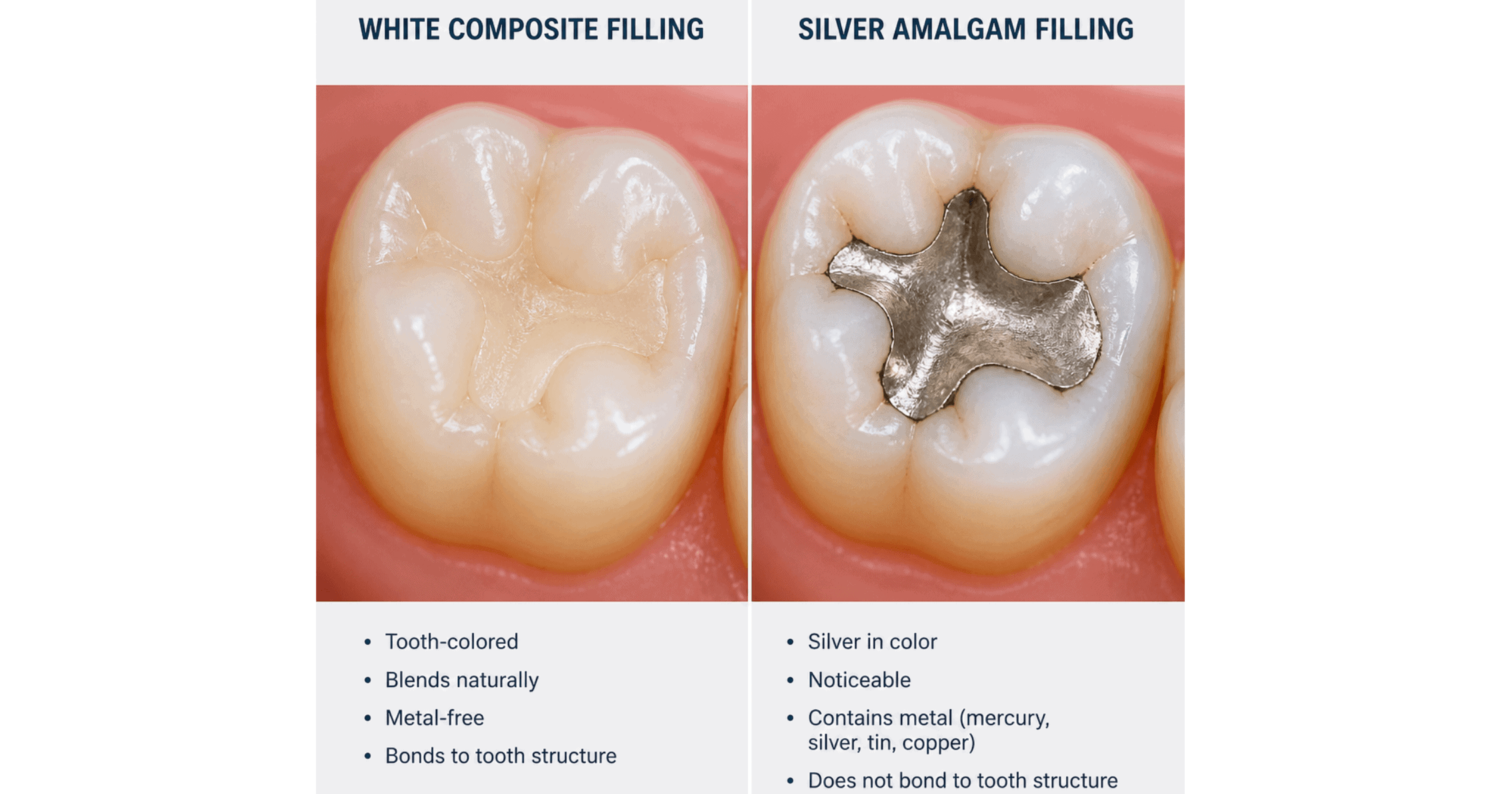 Comparison of white composite filling and silver amalgam filling on a molar tooth in Prahran