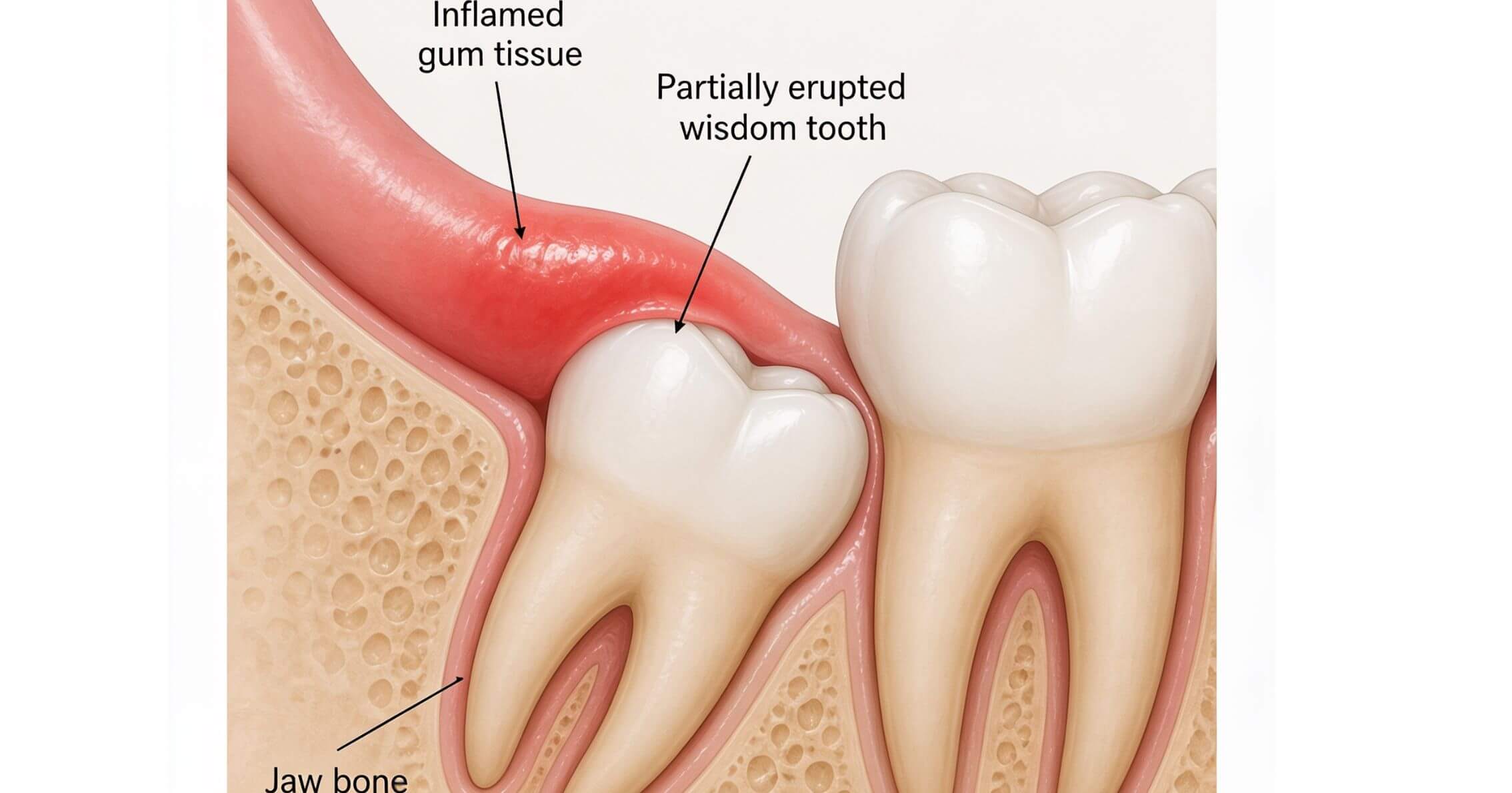 Diagram showing partially erupted wisdom tooth with pericoronitis and inflamed gum flap in Prahran