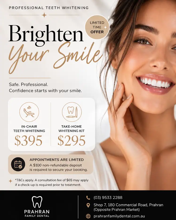 Professional teeth whitening offer at Prahran Family Dental — in-chair whitening $395, take-home kit $295