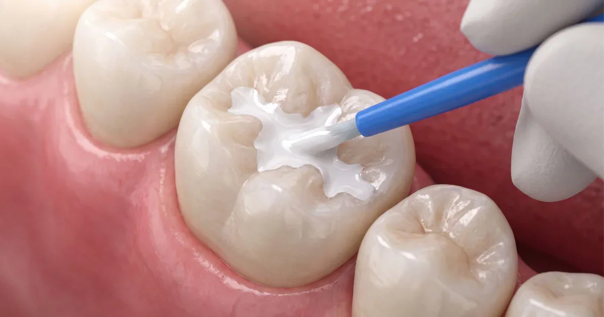 Close-up of sealant being applied to a molar in Prahran